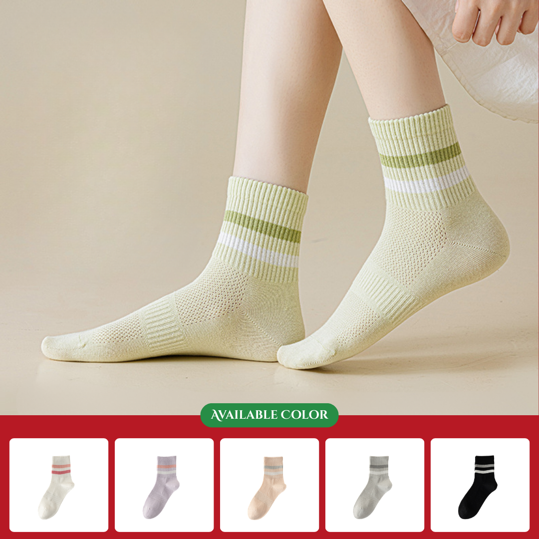 2025 Women's Spring/Summer Thin Cotton Sweat-Absorbing Odor-Resistant Seamless Socks, Light Sports Ramie Socks, Breathable Double Bar Mid-Calf Socks