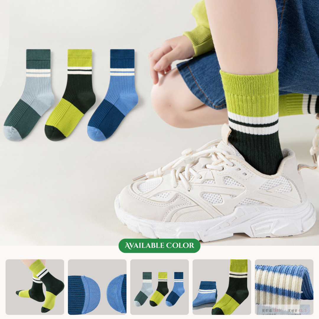 Boys' autumn color-blocked Japanese-style simple striped seamless anti-pilling trendy cotton sweat-absorbent and breathable sports socks