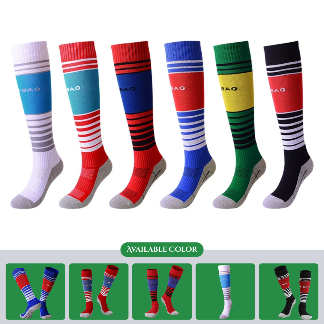 Clearance sale of children's striped high-top soccer socks with terry soles, youth soccer socks for ages 8-13, wholesale long sports socks.