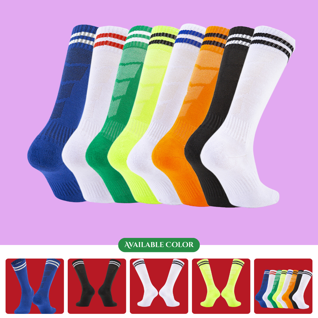 Custom-made children's and adults' soccer socks, high-top over-the-knee socks, striped terry cloth socks, custom-made training socks.