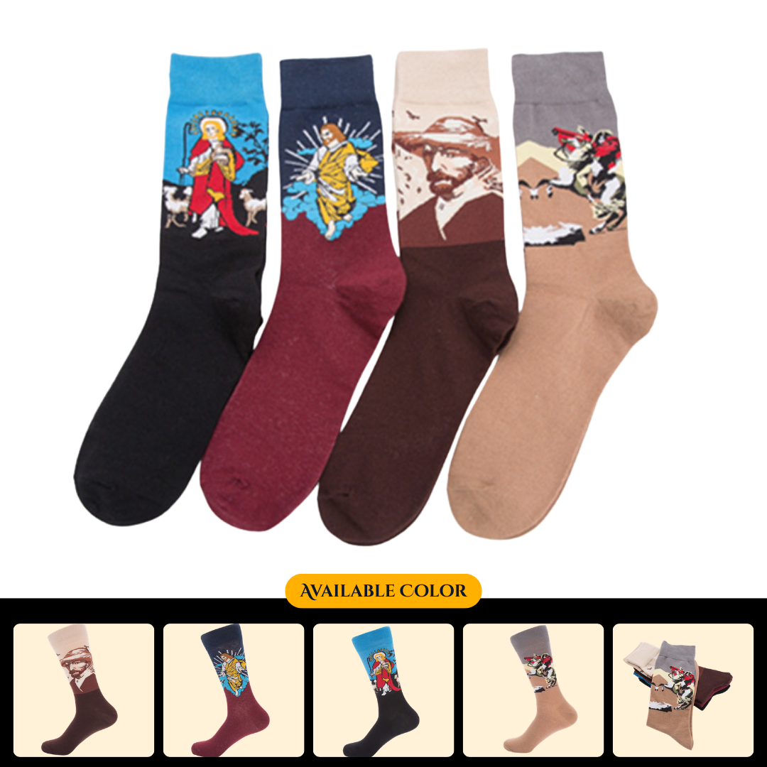 Fashionable colorful trendy socks, casual couple socks, wholesale, famous painting series mid-calf men's socks, cross-border socks.