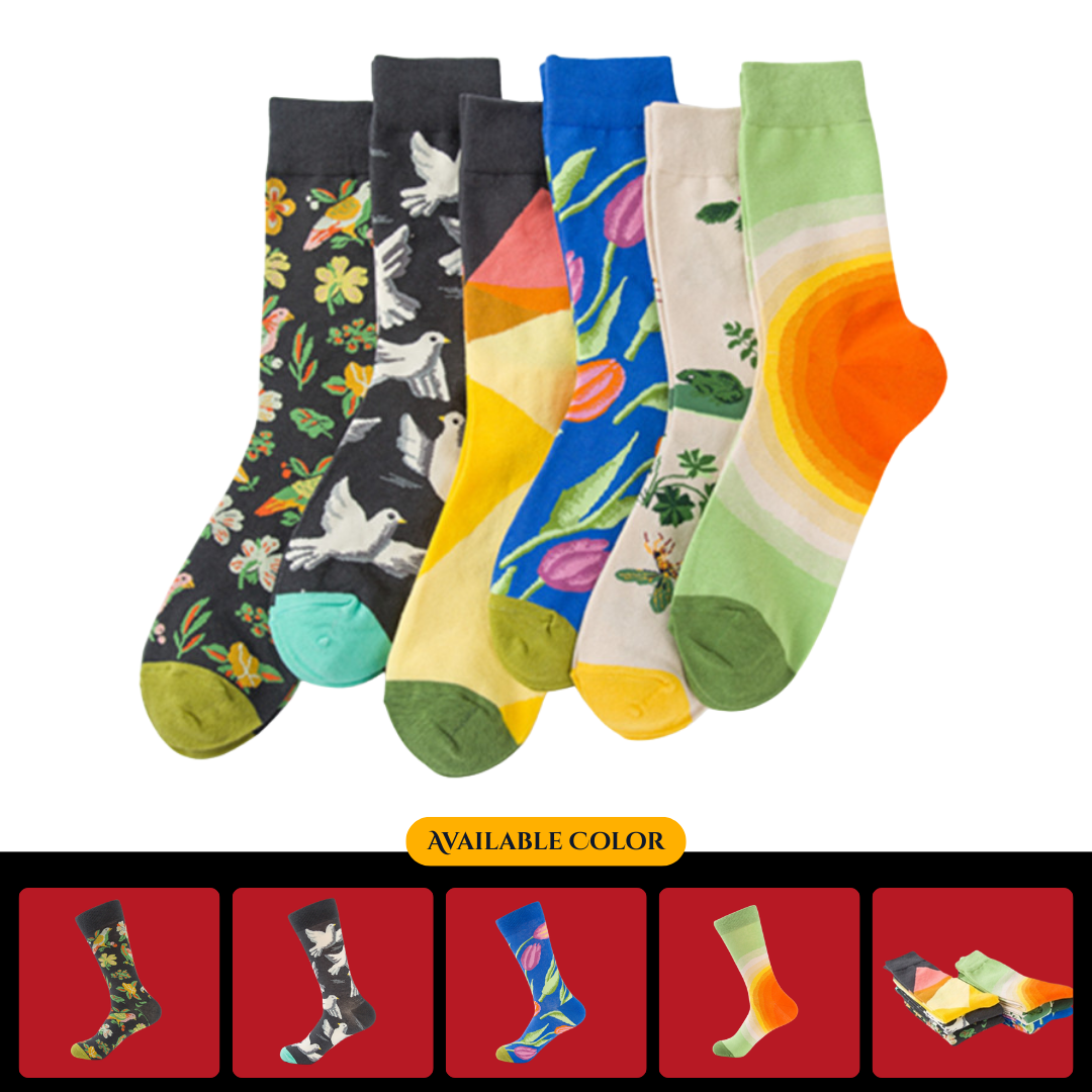 In-stock cross-border fashion colorful men's and women's couple socks, casual floral and bird sketch series socks wholesale, no card attached.