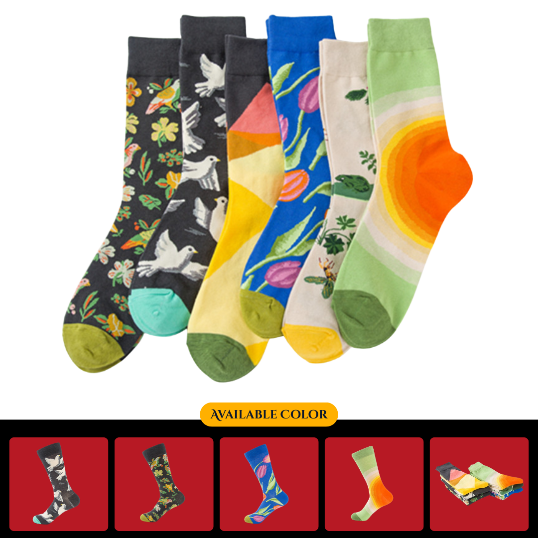 In-stock cross-border fashion colorful men's and women's couple socks, casual floral and bird sketch series socks wholesale, no card attached.