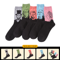 Wholesale trendy men's casual cotton socks with portrait designs, mid-calf style, no toe clips.