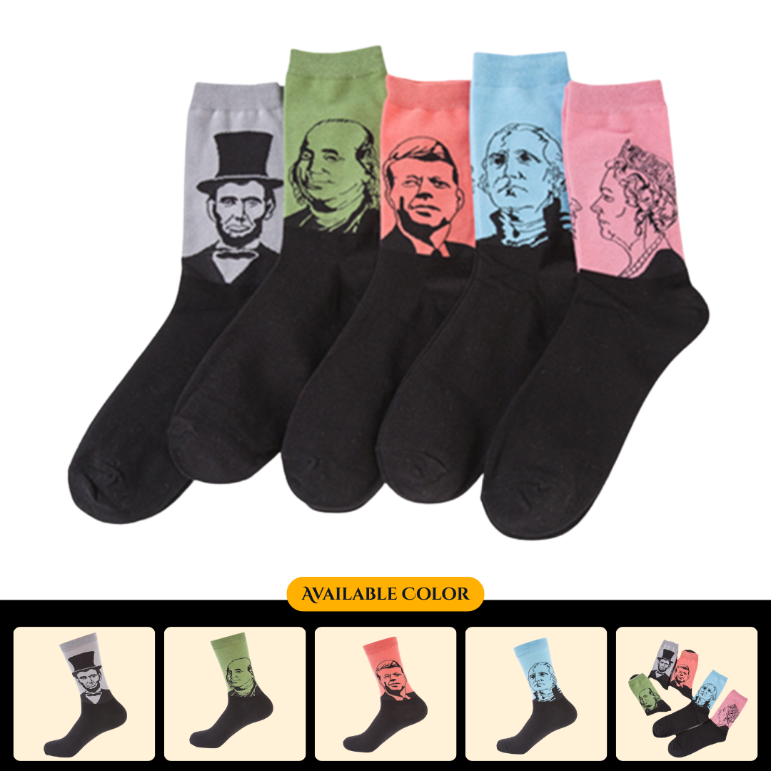 Wholesale trendy men's casual cotton socks with portrait designs, mid-calf style, no toe clips.